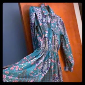 Vintage Paisley Teal Pleated Dress